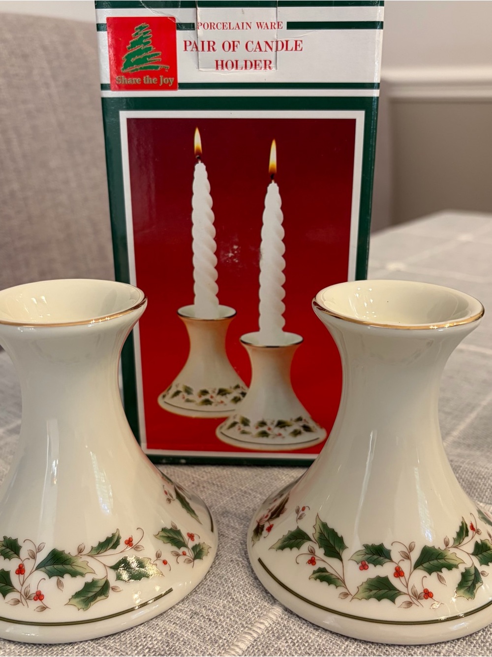 VTG Holly Berries Christmas Candle Holders Porcelain Ware Fine China From Japan